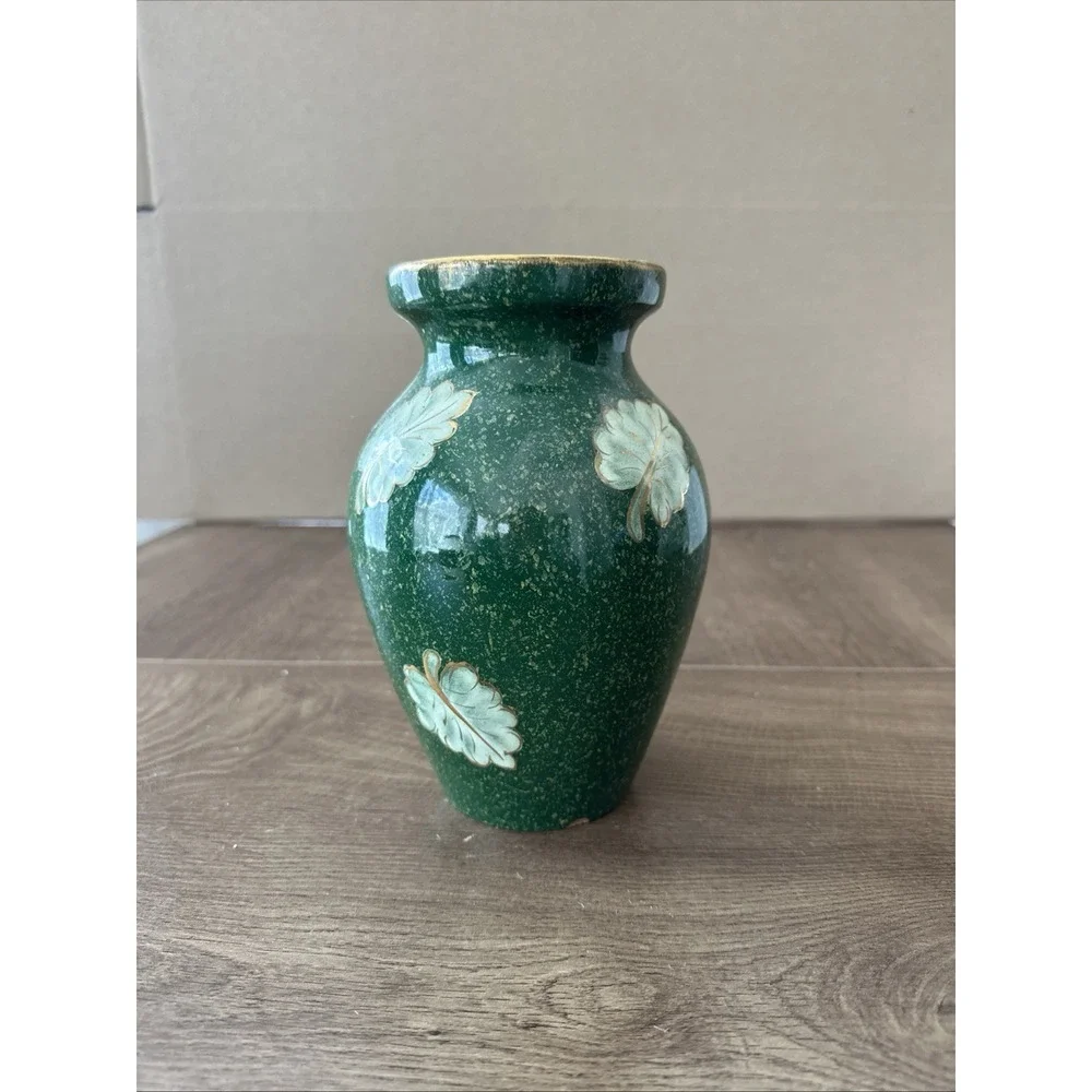 Vintage Italian Majolica Ceramic Vase Mottled Green Gold Leaf Mid Century